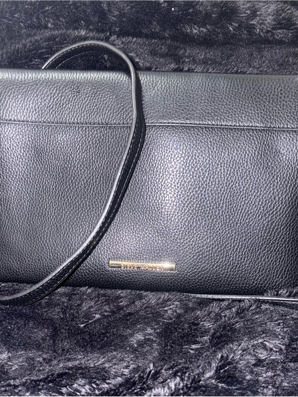 Steve Madden Black Pebbled Crossbody with Gold Logo Bar